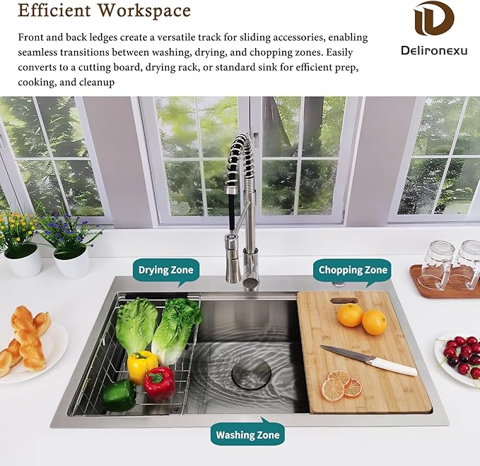 33x19 Drop In Kitchen Sink - Delironexu 16 Gauge Stainless Steel Sinks, 33 Inch Drop In Kitchen Sink Single Bowl, Top Mount Workstation Sinks with 6 Accessories Package