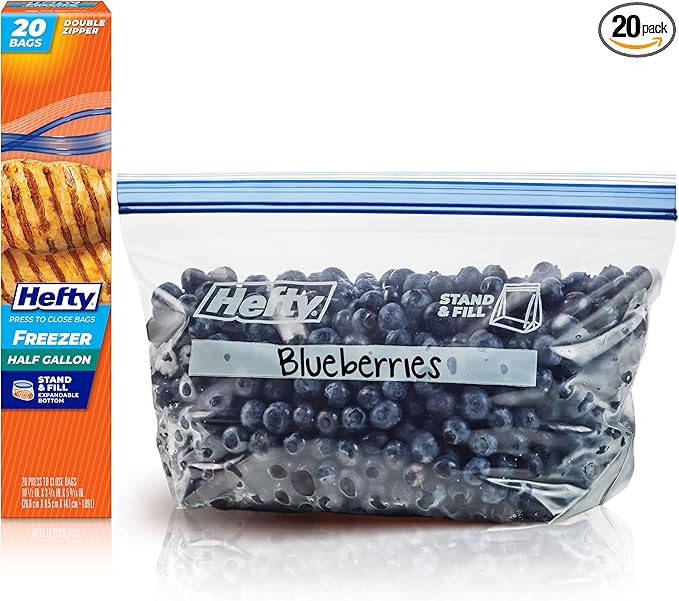 Hefty Press to Close Plastic Freezer Bags, Half Gallon Size, 20 Count