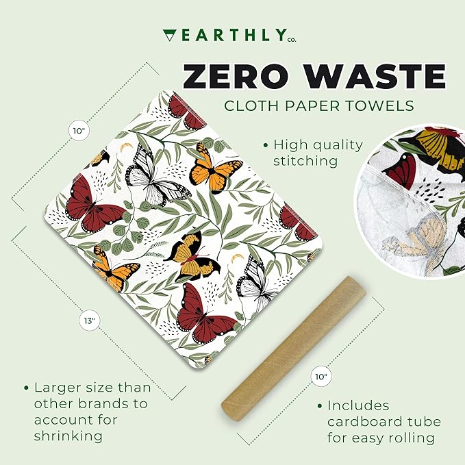 Reusable Paper Towels - 10 Pack - Roll of Washable Cotton Cloth Paper Towels - Paperless Reusable Napkins Cloth Washable - Absorbent + Long Lasting - Zero Waste Products - Butterfly