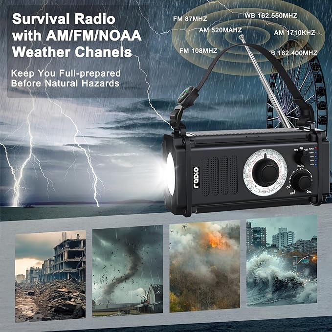 48100mWh Emergency Radio, Portable Solar Hand Crank Radio, AM FM NOAA Weather Radio, 800LM Crank Flashlight & Reading Lamp, Earphone Jack, Compass,SOS for Home Outdoor Camping Hurricane Storm Survival