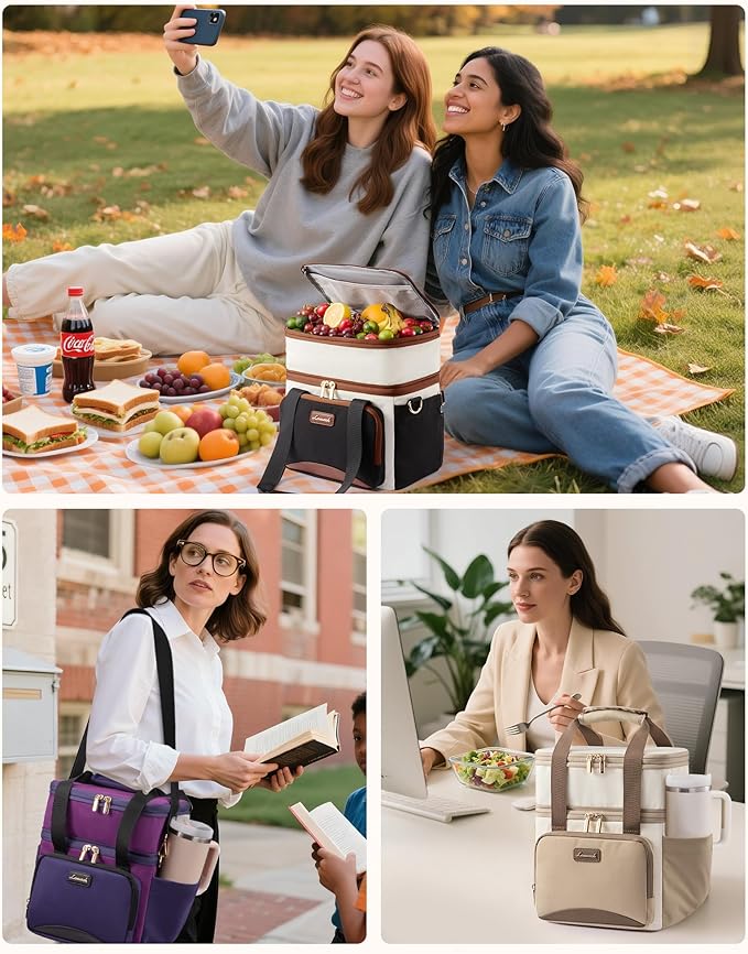 LOVEVOOK Insulated Lunch Bag For Women Men,Expandable Double Deck Lunch Box With Large Cup Holder,Leakproof Cooler Bag For Adult Lunch Tote Bag Work Picnic Beach with Adjustable Shoulder Strap Gift