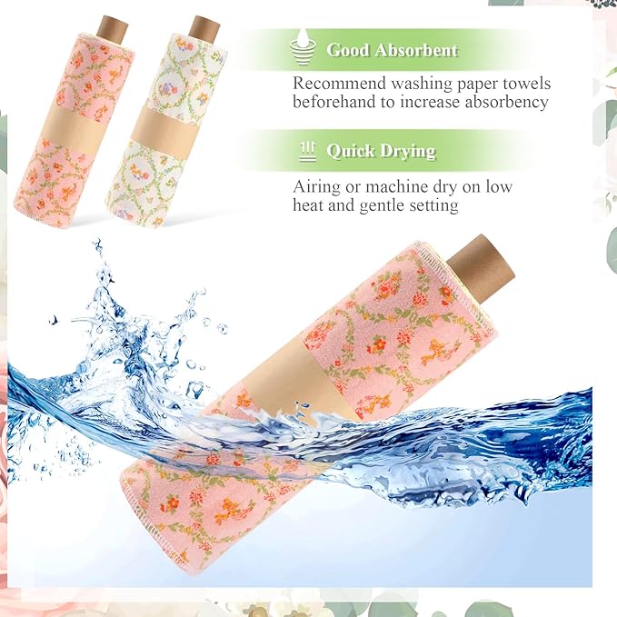 Redbaker 50 Pcs Reusable Paper Towels Paperless Reusable Cotton Cloths Toilet Absorbent Washable Paper Towels with Roll Kitchen Dishcloth for Kitchen Paperless Dishcloths(Floral Wreath)