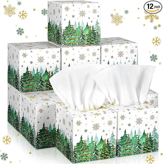 Bencailor 12 Pack Snowflake Facial Tissues Cube Boxes Winter Christmas Tree Square 600 Sheets 3 Ply Small Tissues Cube Boxes for Home Car Accessories(Green,Christmas Tree)
