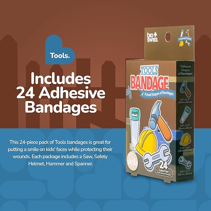 BioSwiss Kids Bandages, Tools Shaped Self Adhesive Bandage Set, Latex Free, Sterile Wound Care, 24 Count