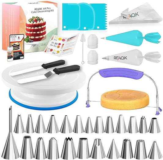 RFAQK 64PCs Cake Decorating Kit with Leveler, Baking Supplies Gift Includes Cake Stand Turntable, 24 Numbered Icing Tips, 30+1 Piping Bags, 2 Frosting Spatulas, 3 Scrappers, Video Course & Booklet