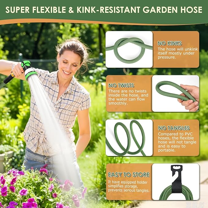Non-Expandable Garden Hose 100 ft, Ultra Lightweight Flexible Water Hose with 10-Pattern Nozzle, Leak-Proof, High-Density Fabric, Thickened Connector, Shut-Off Valve for Yard, Lawn, Outdoor