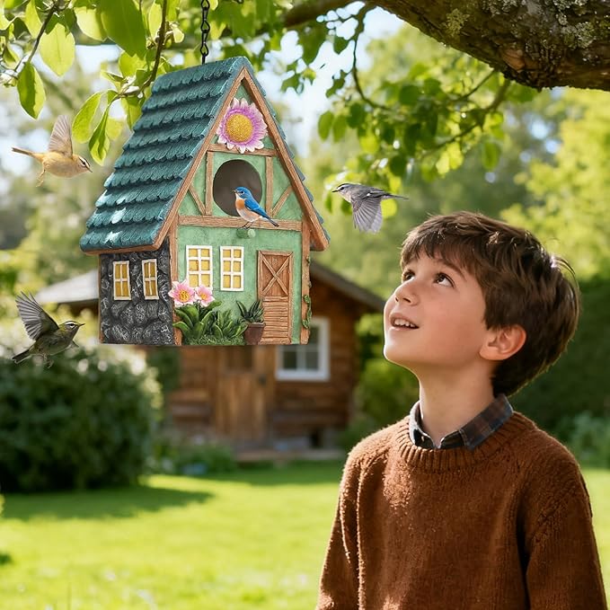Cottage-Style Hanging Birdhouse with Flower Accents – Hand-Painted Resin Decorative Bird House for Outdoors, Weather-Resistant Garden Decor for Small Birds