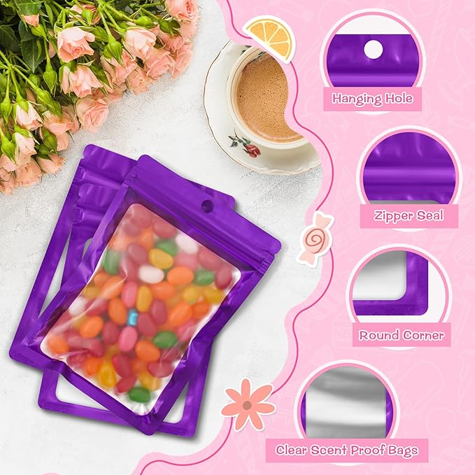 FUNFERY 100 Pack Mylar Resealable Bags Foil Packaging Bags with Clear Window,Zipper Pouch Smell Proof Bag for Food Storage,Cookies,Sample,Small Business(Purple,6.3x9.4inch)