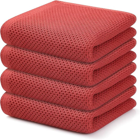 Kitinjoy 100% Cotton Waffle Weave Kitchen Towels, 4-Pack Super Soft and Absorbent Dish Towels for Drying Dishes, Kitchen Hand Towels, 13 in x 28 in, Brick Red