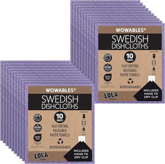 LOLA Swedish Dishcloths, 20 Pk - Biodegradable Reusable Paper Towels Absorbent Cellulose Kitchen Sponge Cloths Zero Waste Odor Free, Made in Germany