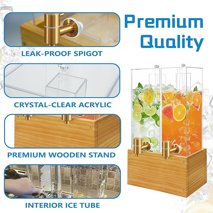Beverage Dispenser with Stand 2 Gallon, 2 Pack Drink Dispenser with Ice Core, Beverage Containers with Wood Stand for Juice/Tea/Soda/Water, Drink Dispensers for Parties