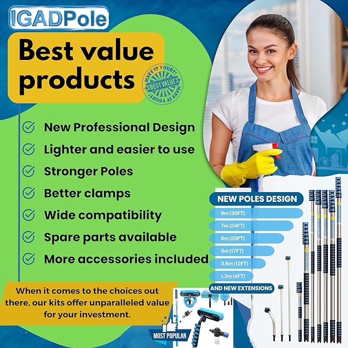 IGADPole Washing Kit: Water-fed Brush, Cobweb Duster and 10” Squeegee and Soap Dispenser, with 3-Stage Telescoping Pole 5-12ft Pole