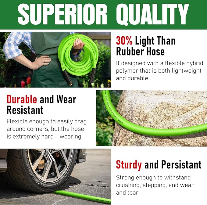 Garden Hose 75 ft x 5/8", NON-EXPANDING Flexible Water Hose, Kink Resistant Lightweight Hybrid Hose, Leakproof Yard Hose with Male to Female Fittings