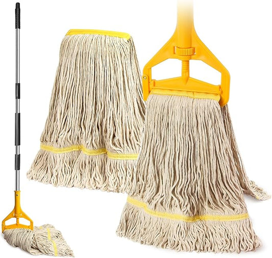 2 Pack 20oz Loop-End String Wet Mop Refills,Heavy Duty Cotton Commerical Industrial Grade Mop Replacements Heads for Home,Workshop,Garage Floors Cleaning,with 63'' Stainless Steel Mop Handle