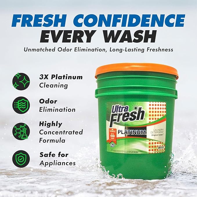 Ultra Fresh Liquid Laundry Detergent Washing Soap, 3X Platinum, 5 Gal, Original Green - Household Cleaning Supplies and Accessories for Clothing and Fabric Items