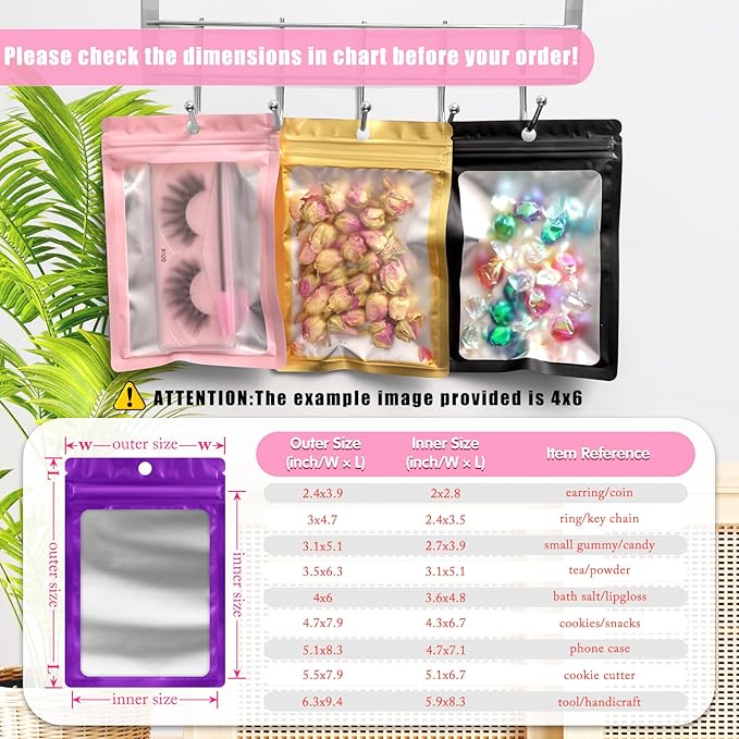 FUNFERY 100 Pack Mylar Resealable Bags Foil Packaging Bags with Clear Window,Zipper Pouch Smell Proof Bag for Food Storage,Cookies,Sample,Small Business(Purple,3.1x5.1inch)