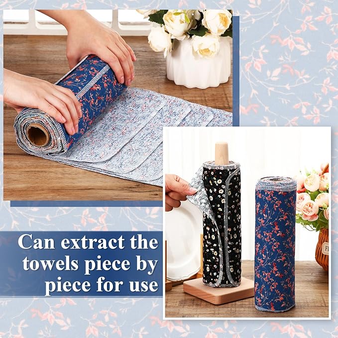Redbaker 50 Pcs Reusable Paper Towels Paperless Reusable Cotton Cloths Toilet Absorbent Washable Paper Towels with Roll Kitchen Dishcloth for Kitchen Paperless Dishcloths(Plants)
