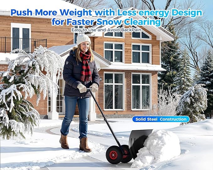 GarveeLife 29" Snow Shovel Pusher for Driveway, Heavy Duty Metal Wheeled Snow Plow with Adjustable Handle&Angled Blade,Ergonomic Single Rod Snow Removal Tool for Doorway/Sidewalk(Black