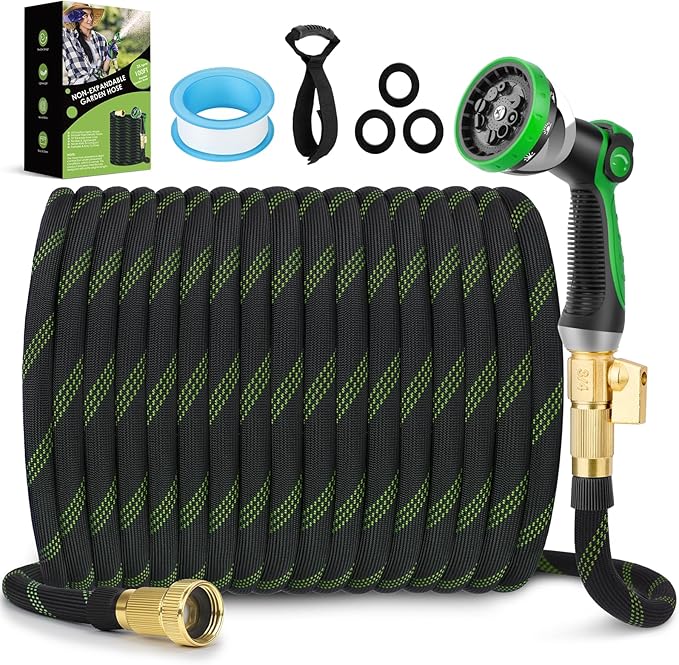 Non-Expandable Garden Hose 50 ft, Ultra Lightweight & Flexible Water Hose With 10-Pattern Spray Nozzle, Full Length Leak-Proof Design, High-Density Fabric & Shut-Off Valve, Hose Straps