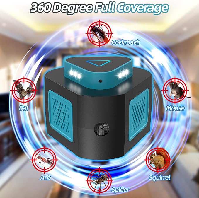 Ultrasonic Pest Repeller Indoor & Mouse Repellent Plug in,360° Ultrasonic Rodent Repeller with PIR Sensor & Strobe Light for Rat,Squirrel,Mouse Deterrent for Home,Kitchen,Office,Warehouse,Hotel Use