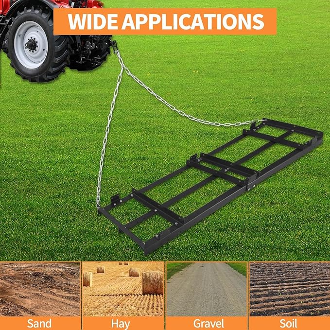 8FT Drag Harrow Driveway Grader, Heavy Duty Power Rake, Driveway Drag for Gravel W/ 6 FT Chain, Tow Behind Lawn Rake for ATV, UTV, Tractor, Mower, Land Leveler for Gravel, Sand, Soil, Hay