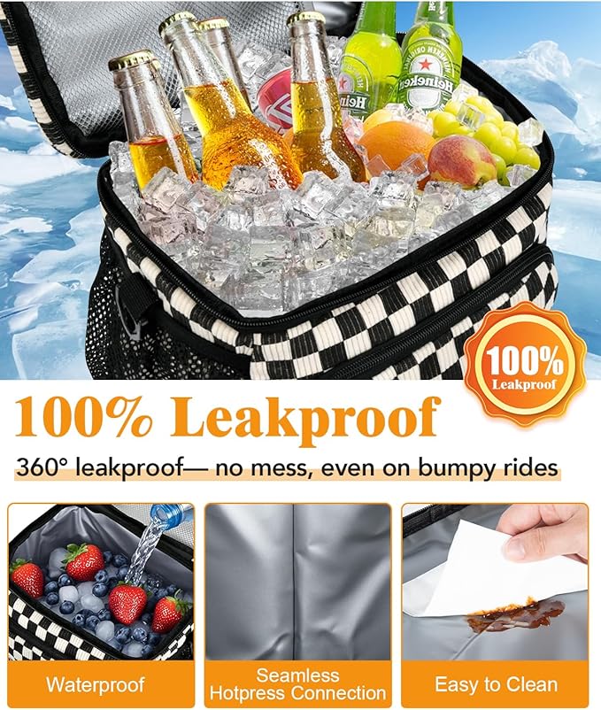 Insulated Lunch Bag for Men & Women - Leakproof Lunch Box Soft Cooler Tote, Adjustable Strap, Reusable Lunch Box for Work Office Picnic Beach Travel-Corduroy Black Checkered