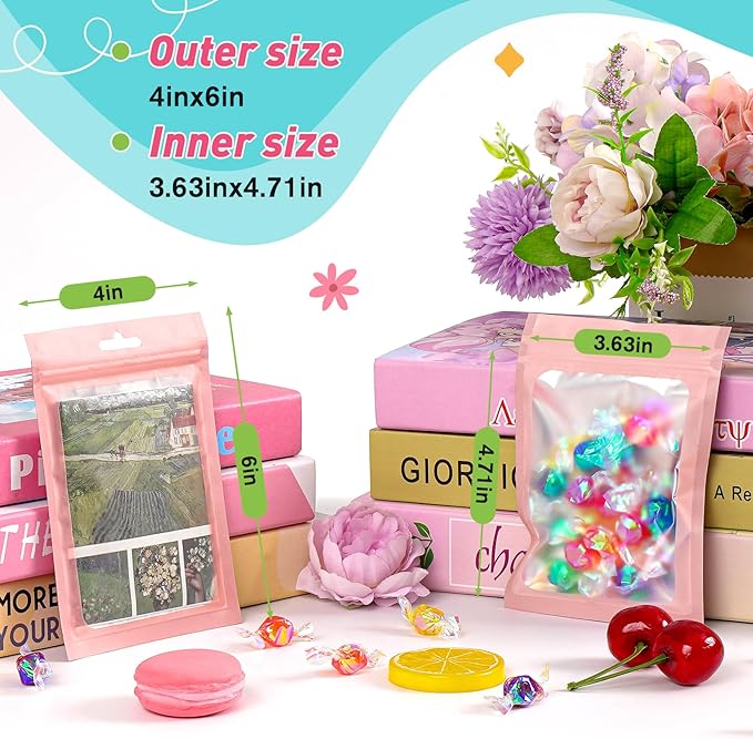 Funfery 300 Pack Smell Proof Resealable Bags for Food Storage,Mylar Clear Bags 4x6 Pink Packaging Bag- Edibles,Odorless Scent Proof Bag for Cookies, Zip Foil Pouch for Small Business