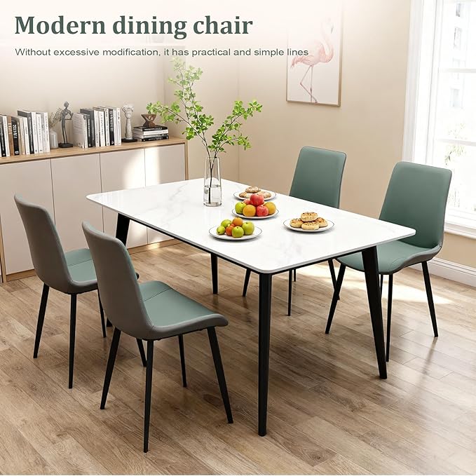 Dining Chairs, Modern PU Leather Dining Room Chair with Sturdy Metal Legs, Upholstered Seat Dinner Chairs Accent Side Chairs for Indoor Kitchen Living Room Restaurant (Green & Dark Grey, Set of 6)
