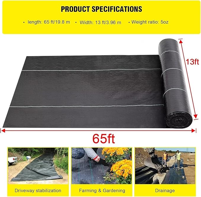 Driveway Fabric, 13x65 ft Road Fabric Commercial Barrier Fabric, Landscape Fabric Heavy Duty 5OZ French Drain Fabric for Erosion Control,Landscape Fabric,Construction Projects