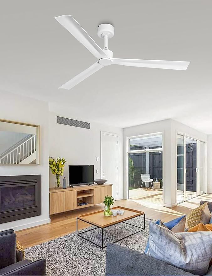 White Ceiling Fan No Light with Remote, Modern DC Motor Ceiling Fans without Lights for Bedroom, Reversible Quiet Indoor Outdoor Ceiling Fans for Patios Living Room, 6 Speeds, Timer, 50 Inch