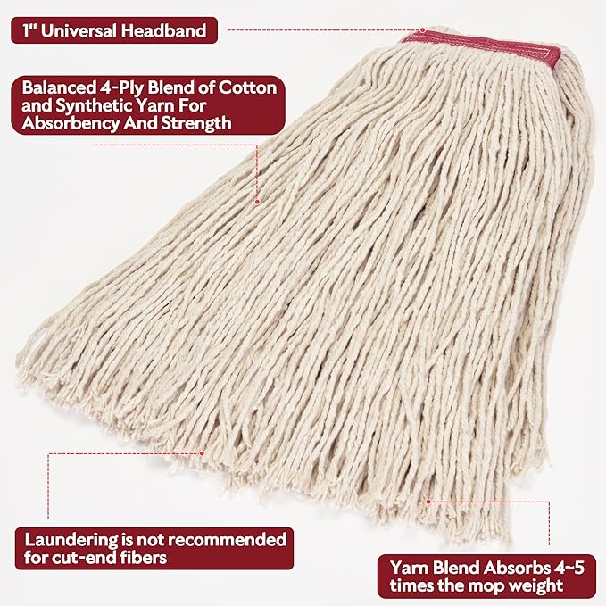 Matthew Cleaning 24oz 6Pack Cotton Floor Mop, Looped-Open String Heavy Duty Refills, Universal Headband Blend, Head Replacement for Home, Industrial and Commercial Use (White)