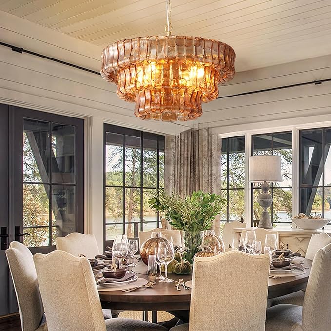 Modern Amber Glass Chandelier，23" Gold Round Chandelier for Dining Room, 4-Light Round Drum Kitchen Island Hanging Light Fixture Perfect for Living Room, Bedroom,Kitchen, Foyer