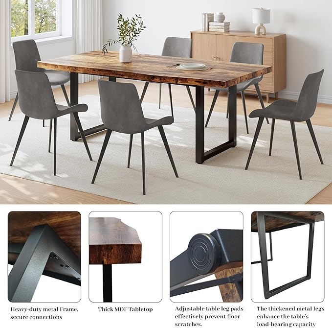 63" Dining Table and Chair Set for 6, MDF Board Kitchen Table Set with Thick Cushion Dining Chairs Set of 6, Mid-Century Dining Room Table, Saving Space