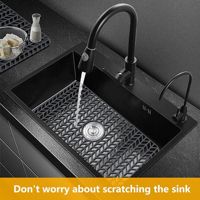 Sink Protectors for Kitchen Sink 12"13"16"18"19"24"26"28"29"30",Silicone kitchen sink mats protector for bottom of farmhouse sink(26"x14"Center Drain Gray)