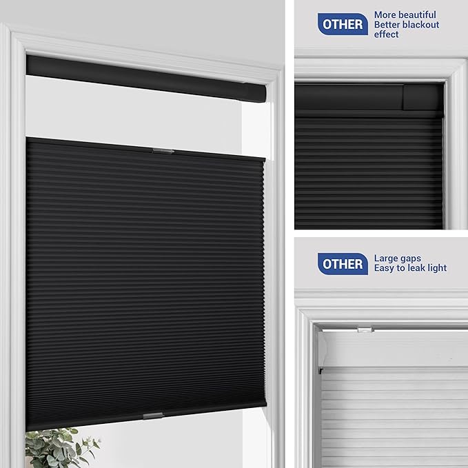 No Drill No Tools Cellular Shades Top Down Bottom Up Blackout Blinds for Windows Cordless Honeycomb Window Shades Easy to Install for Home,Blackout-Black,47" W x 48" H