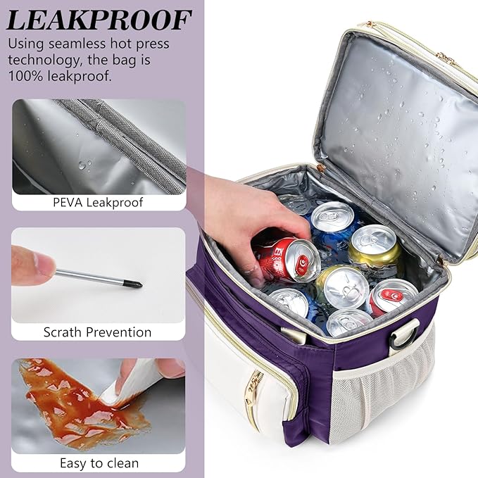 LOKASS Expandable Lunch Box for Women | Adult Lunchbag Cooler Tote Bag with Adjustable Shoulder Strap | Insulated Reusable Womens Lunch Bags for Work Camping Beach | 16L, Purple