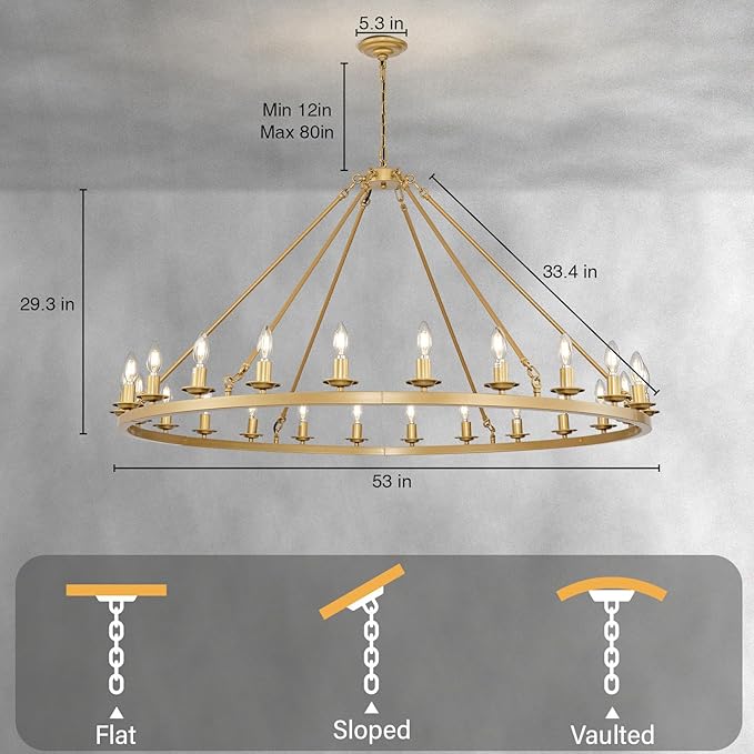 Wagon Wheel Chandeliers, 24-Light Gold Modern Rustic Large Farmhouse Chandelier Adjustable Height Light for High Ceiling Living Room, Entryways, Foyer, Dining Room, Kitchen
