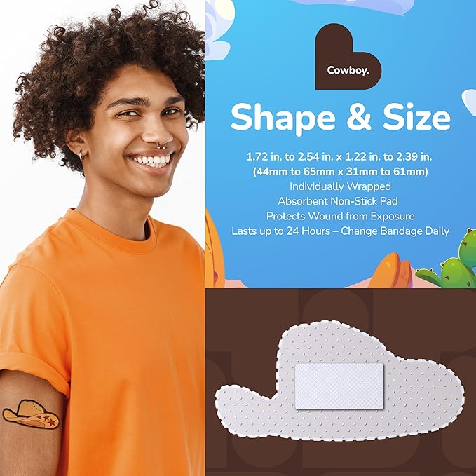BioSwiss Kids Bandages, Cowboy Shaped Self Adhesive Bandage Set, Latex Free, Sterile Wound Care, 24 Count