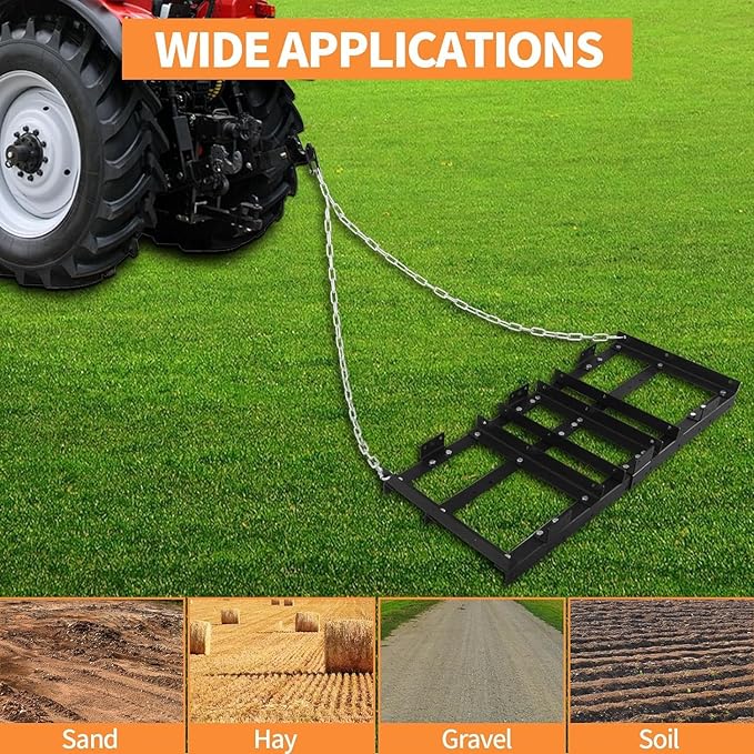Drag Harrow Driveway Grader, Heavy Duty Power Rake, Driveway Drag for Gravel W/ 4 FT Chain, Tow Behind Lawn Rake for ATV, UTV, Tractor, Mower, Land Leveler for Gravel, Sand, Soil, Hay,4FT