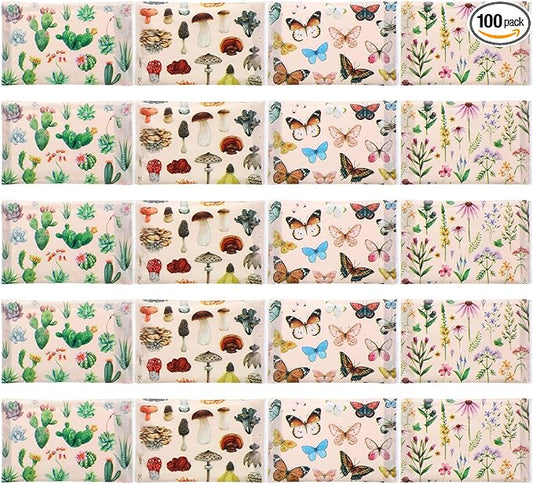 PerKoop 100 Pack Pocket Tissues Travel Slim Packs Small Facial Tissues Wallet Size Toilet Paper for Travel Guest Wedding Supplies, 4 Styles(Plants)