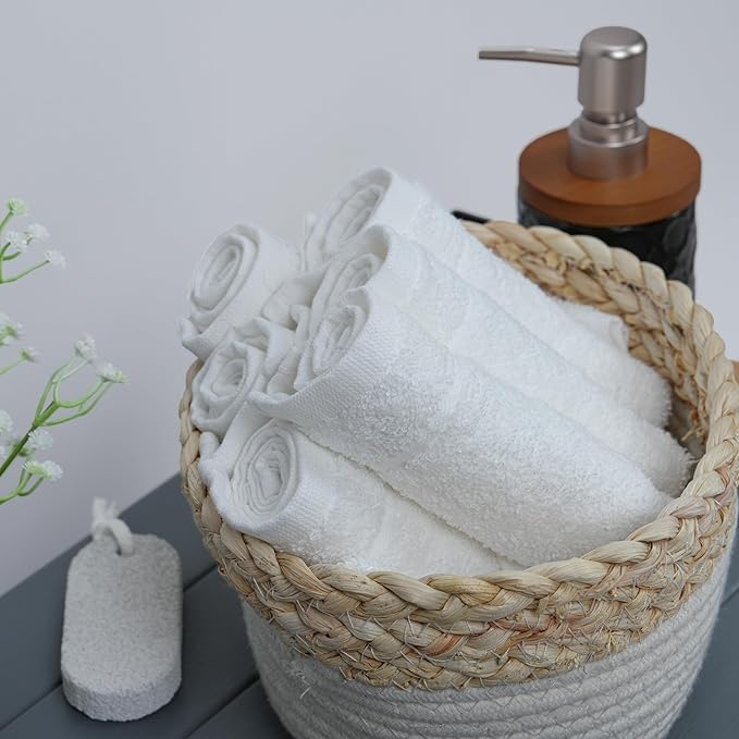 Tens Towels Pack of 24 Washcloths, 12 x 12 Inches, Lighter Weight, Quick to Dry, Super Soft & Absorbent, Gentle Face Towels, Hotel Quality, Perfect for Bathroom, Gym, Spa (White, 24 Pack)