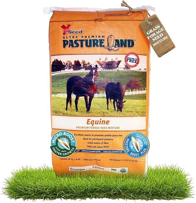 X-Seed Pasture Land Equine Forage Seed Mixture with Micro-Boost – No Mow Pasture Grass with Clover, Ryegrass & Perennial Greens – Recommender for Horses, & Livestock – Premium Blend, 25-Pound