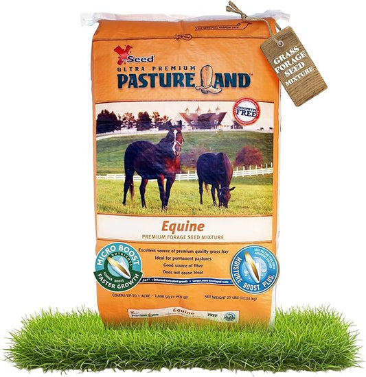 X-Seed Pasture Land Equine Forage Seed Mixture with Micro-Boost – No Mow Pasture Grass with Clover, Ryegrass & Perennial Greens – Recommender for Horses, & Livestock – Premium Blend, 25-Pound