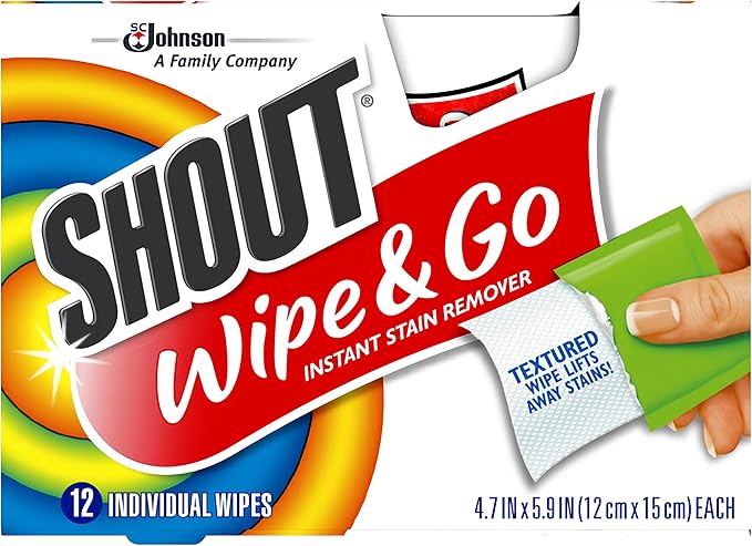 Shout Wipes Stain Remover for Clothes Laundry, Instant Stain Remover and Individually Wrapped, Travel Essentials, Works on Everyday Stains, 12 Wipes per Carton (1 Carton)