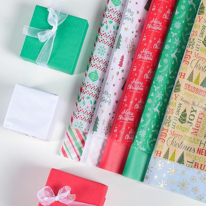 BLEWINDZ 150 Sheets Christmas Tissue Paper, 20" x 20", 10 Festive Designs, Ideal for Gift Wrapping, DIY Crafts & Holiday Decor