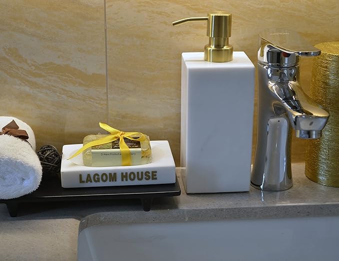 LAGOM HOUSE Marble Soap Dispenser with Gold Stainless Steel Pump top White Italian Natural Stone Marble Liquid Hand Soap Dispenser Decorative Bottle for Kitchen Bathroom Countertop