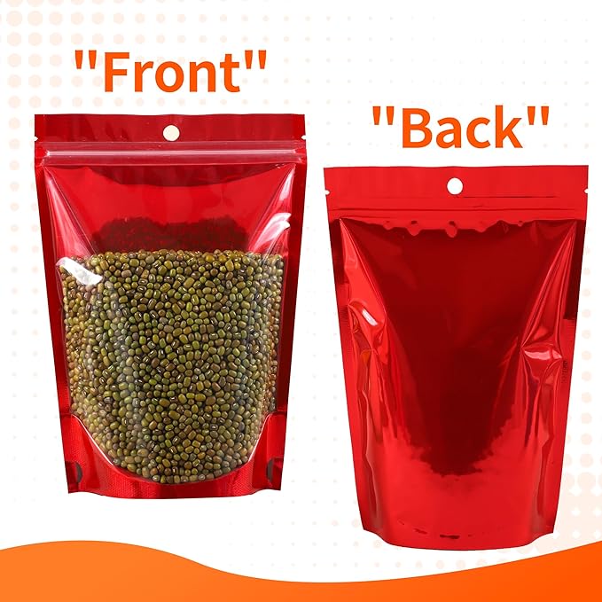 Mylar Bags for Food Storage 7.1 * 10.2, 100 PCS Clear Front Aluminum Resealable Bags for Small Business, Sealable Bag for Packaging with Guset Red