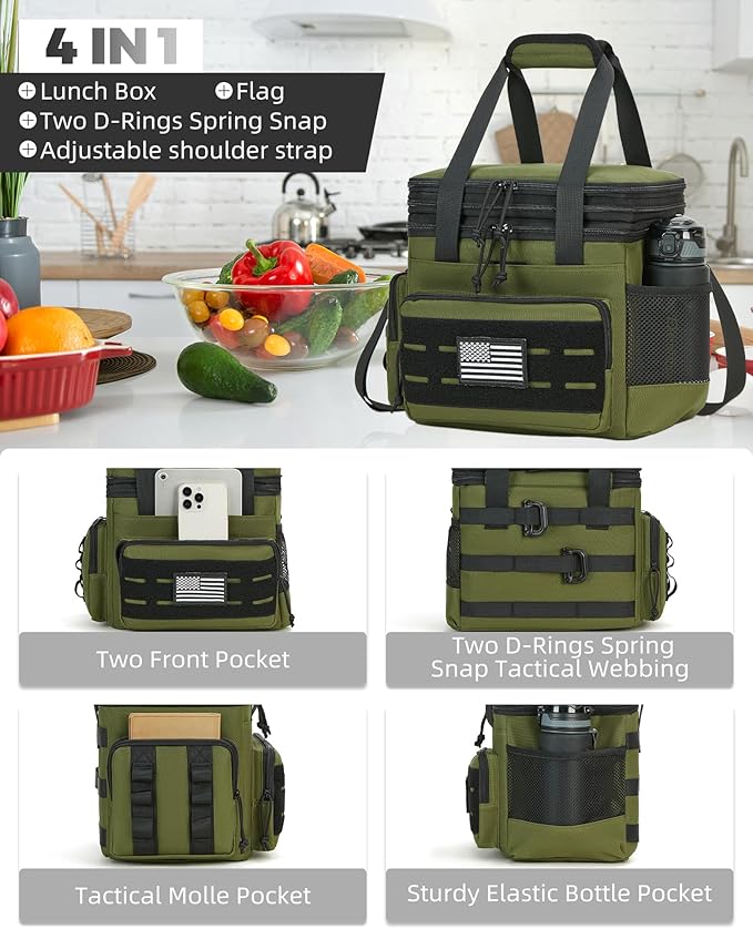 Tactical Lunch Bag & Lunch Box for Men - Large Double Deck Expandable Insulated Soft Adult Lunchbox for Work - Cooler Bag for Beach, Picnic, Camping,Outdoor，Travel (Green,16L)