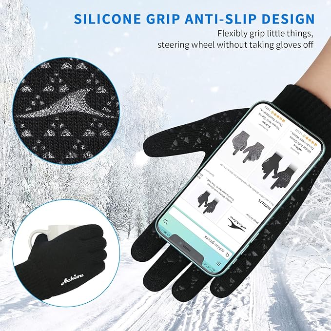 Achiou Winter Gloves for Men Women, Touch Screen Gloves, Upgraded Thicken Anti-Slip Silicone Gel, Thermal Soft Knit Lining