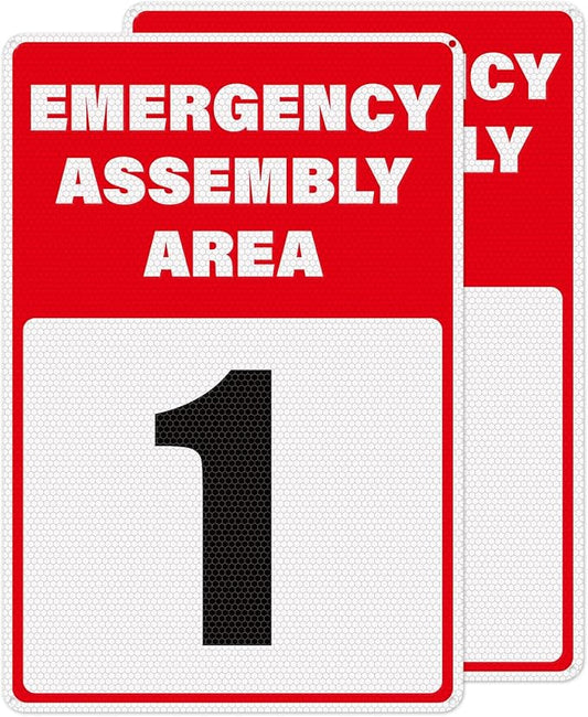 2 Pack Emergency Assembly Area 1 Sign 18 × 12 Inches Aluminum Reflective Safety Signage with Pre-Drilled Holes for Business Construction Site Warehouse